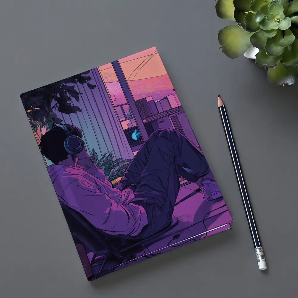 Lofi Anime Guy Headphones Purple Sunset Room – Notebooks