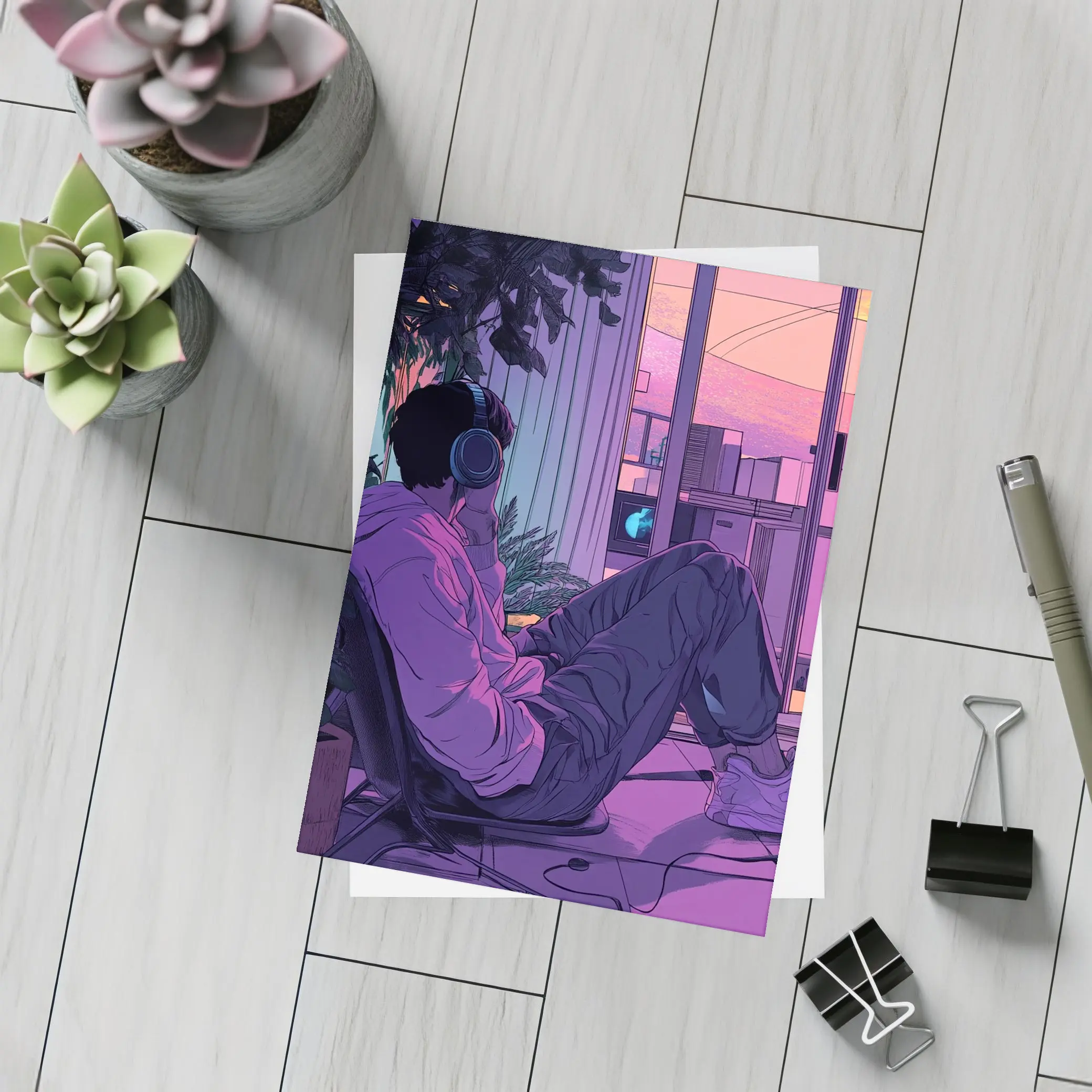 Lofi Anime Guy Headphones Purple Sunset Room – Postcards