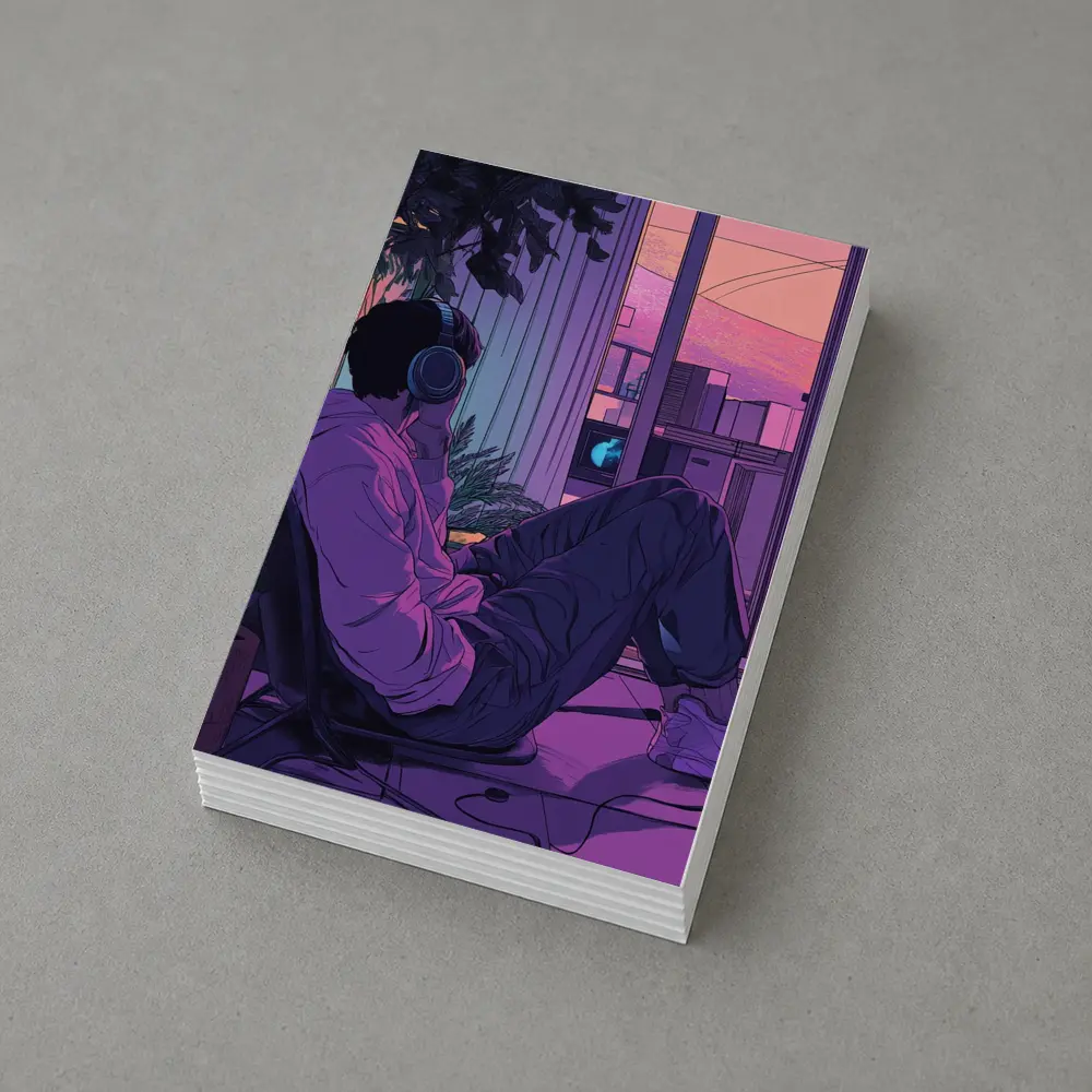 Lofi Anime Guy Headphones Purple Sunset Room – Postcards