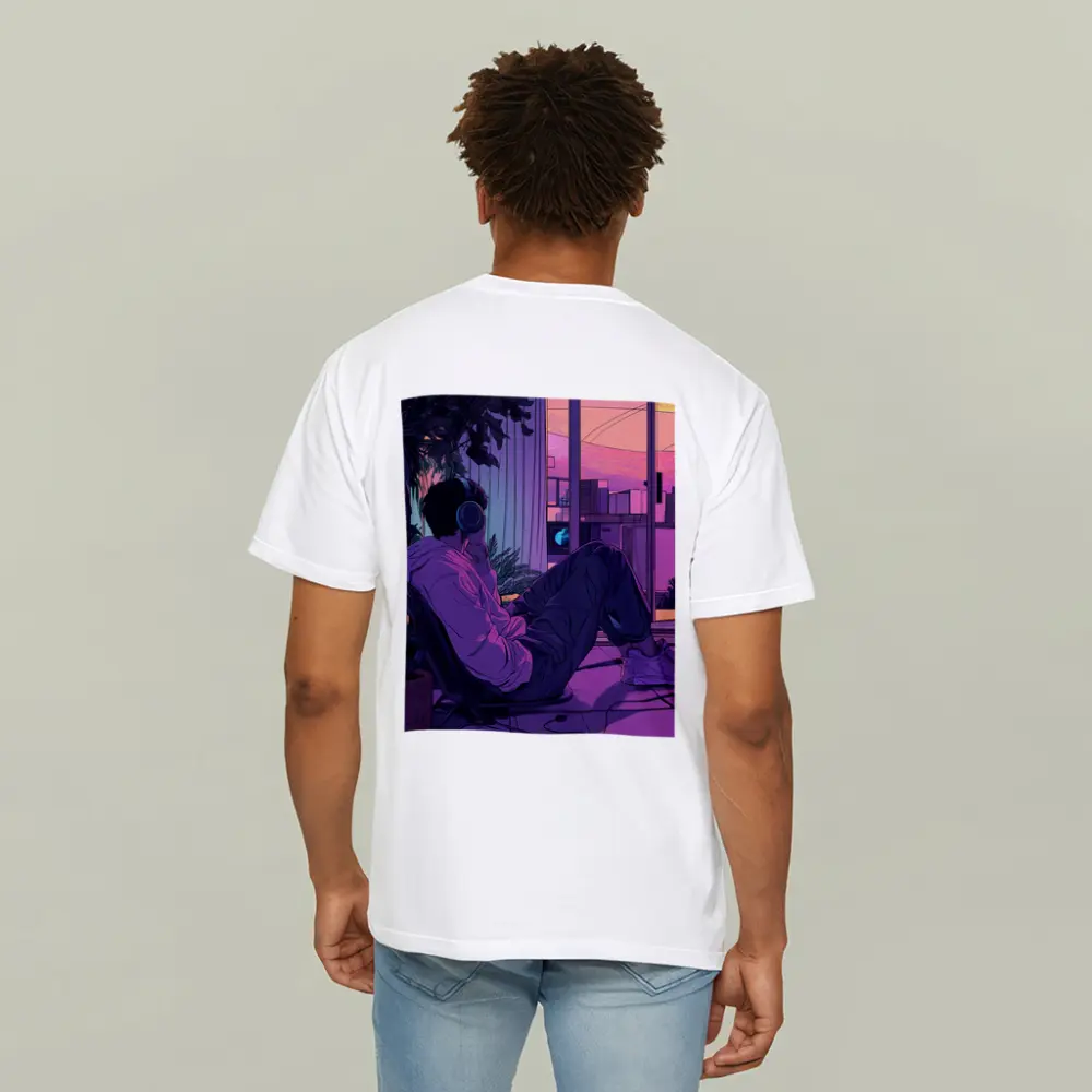 Lofi Anime Guy Headphones Purple Sunset Room – T-Shirts