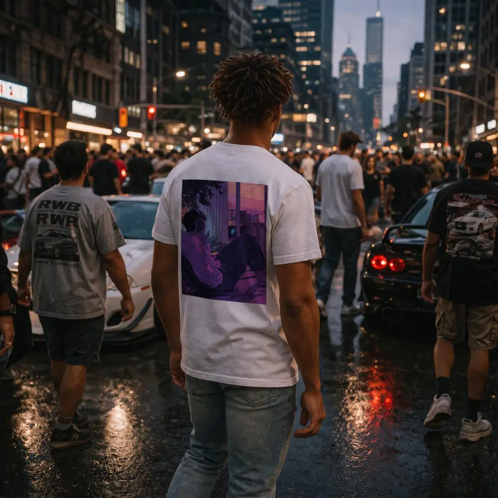 Lofi Anime Guy Headphones Purple Sunset Room – T-Shirts