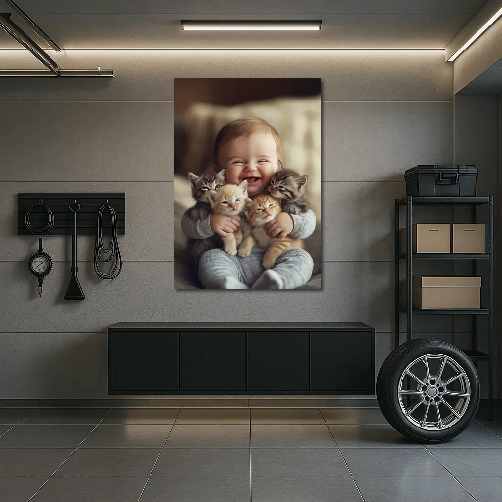 Happy Baby Hugging Three Kittens Together – Wall Art