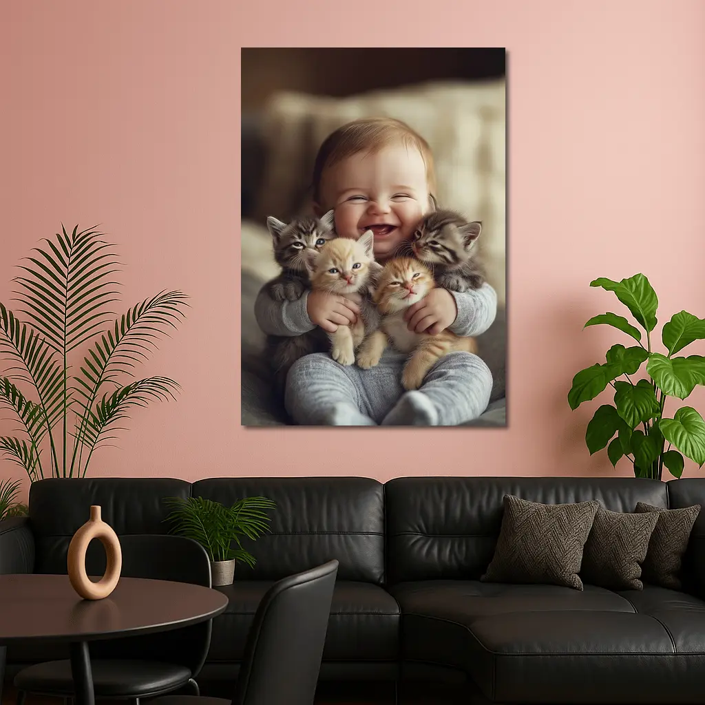 Happy Baby Hugging Three Kittens Together – Wall Art
