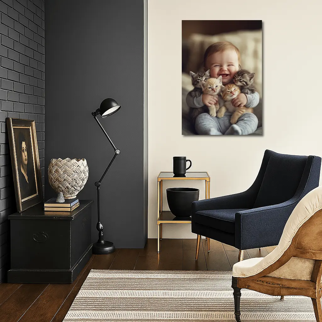 Happy Baby Hugging Three Kittens Together – Wall Art