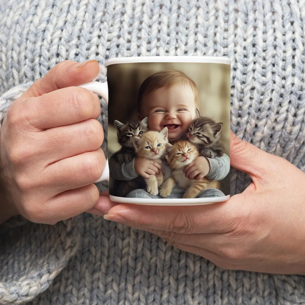 Happy Baby Hugging Three Kittens Together – Mugs