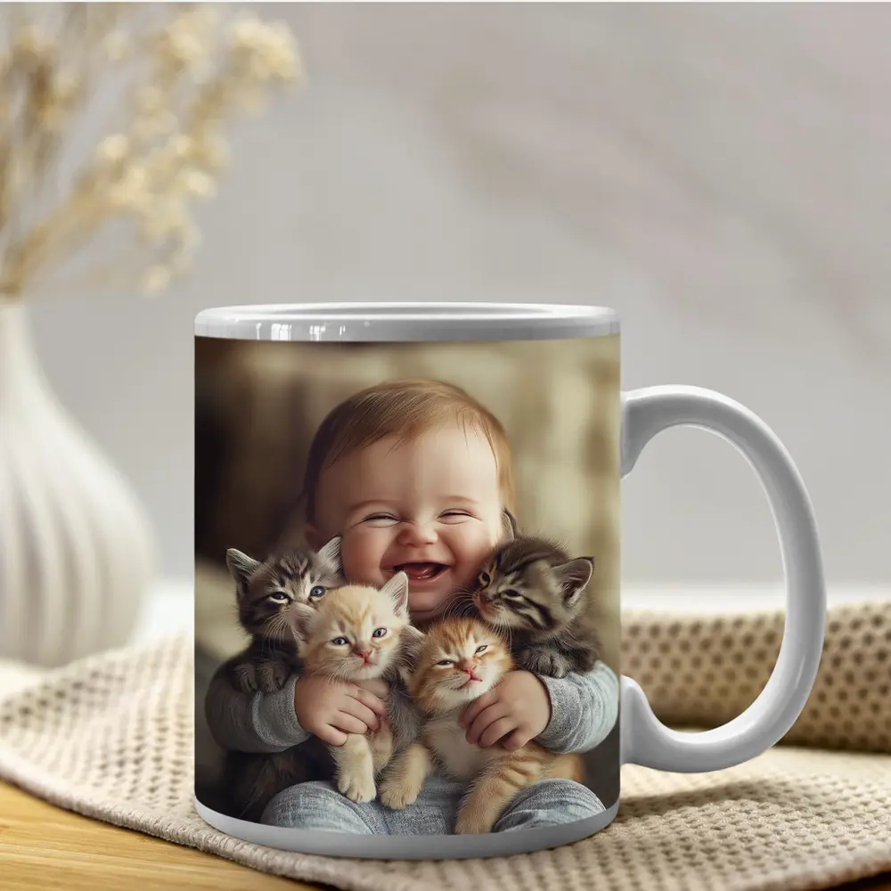 Happy Baby Hugging Three Kittens Together – Mugs
