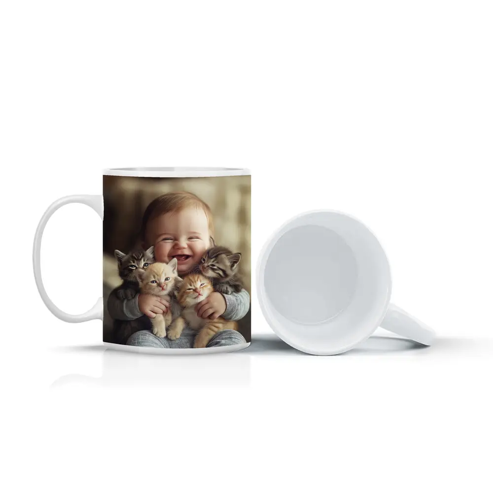 Happy Baby Hugging Three Kittens Together – Mugs