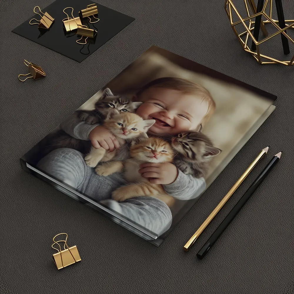 Happy Baby Hugging Three Kittens Together – Notebooks