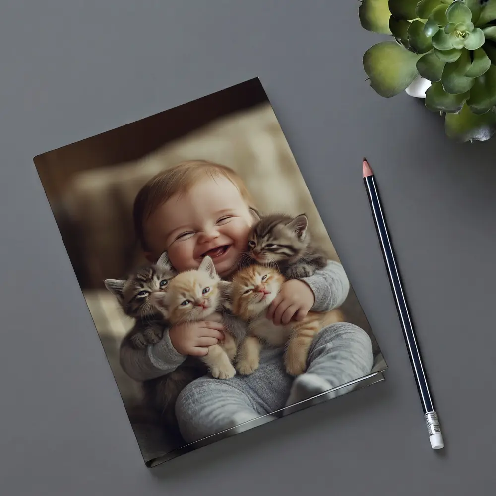 Happy Baby Hugging Three Kittens Together – Notebooks