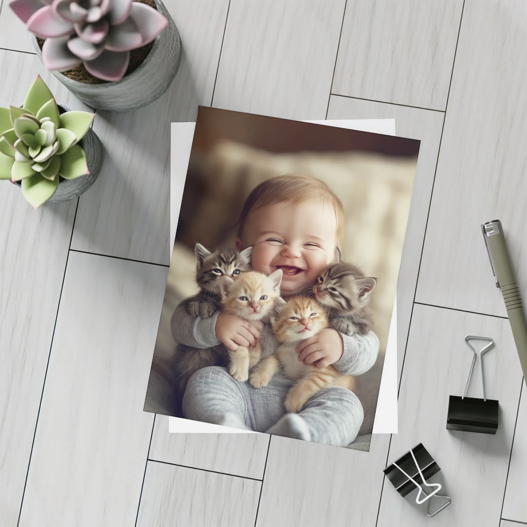 Happy Baby Hugging Three Kittens Together – Postcards