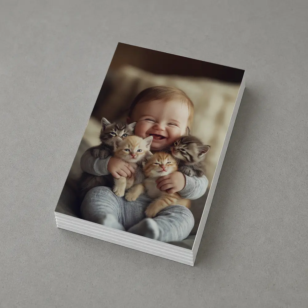 Happy Baby Hugging Three Kittens Together – Postcards