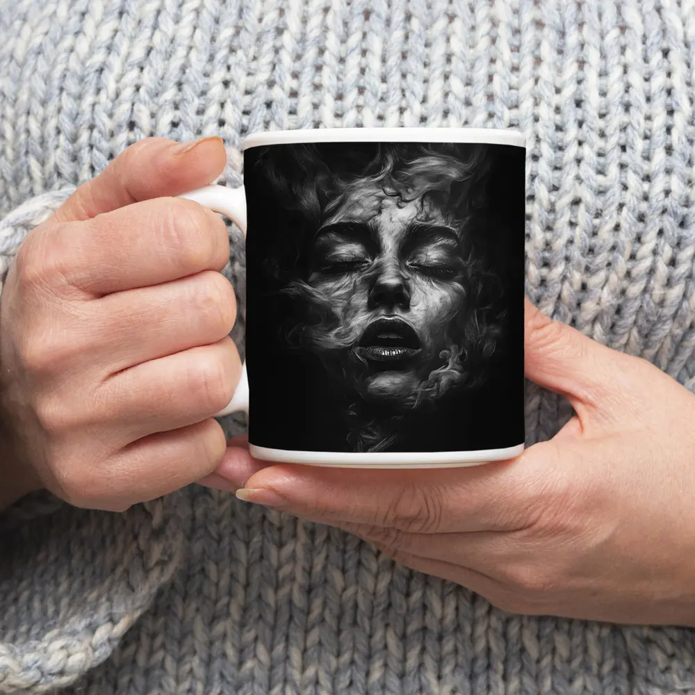 Woman Face Dissolving Into Dark Smoke – Mugs