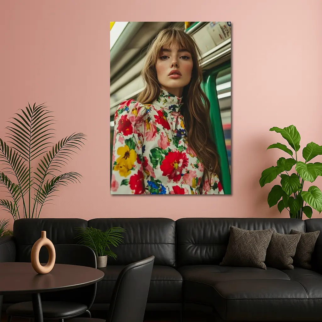 Floral Dress Woman on Subway Train – Wall Art