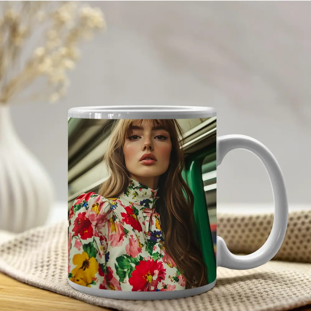 Floral Dress Woman on Subway Train – Mugs