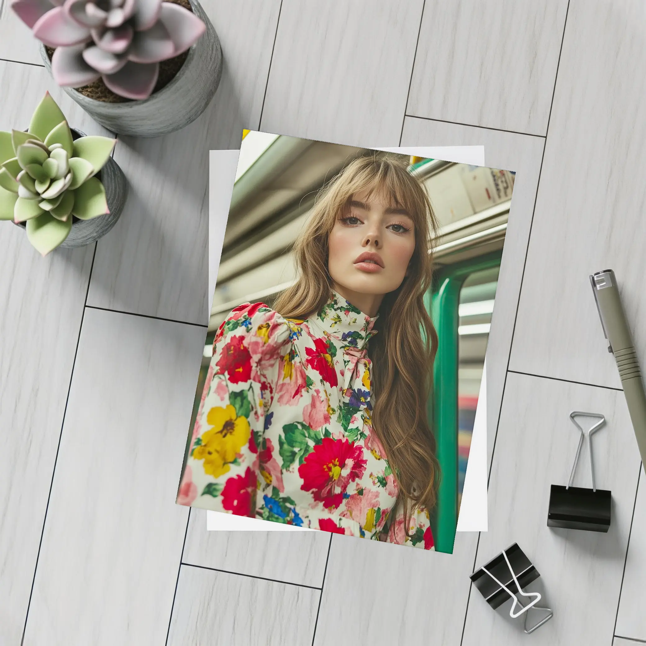 Floral Dress Woman on Subway Train – Postcards
