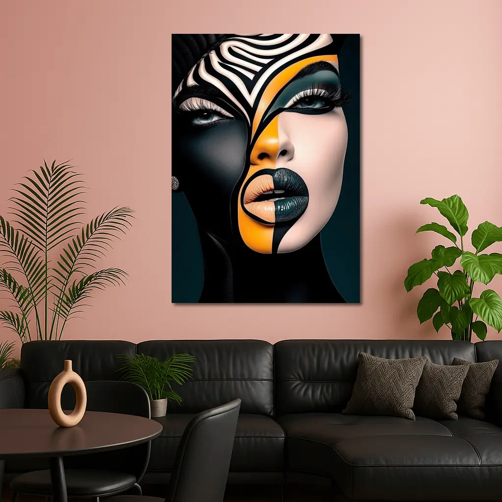 Bold Geometric Face Art Black Orange – Wall Art