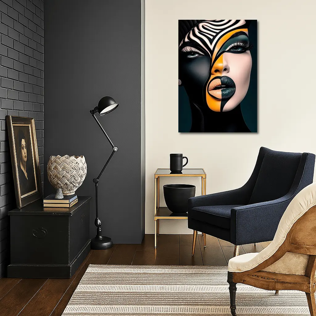 Bold Geometric Face Art Black Orange – Wall Art