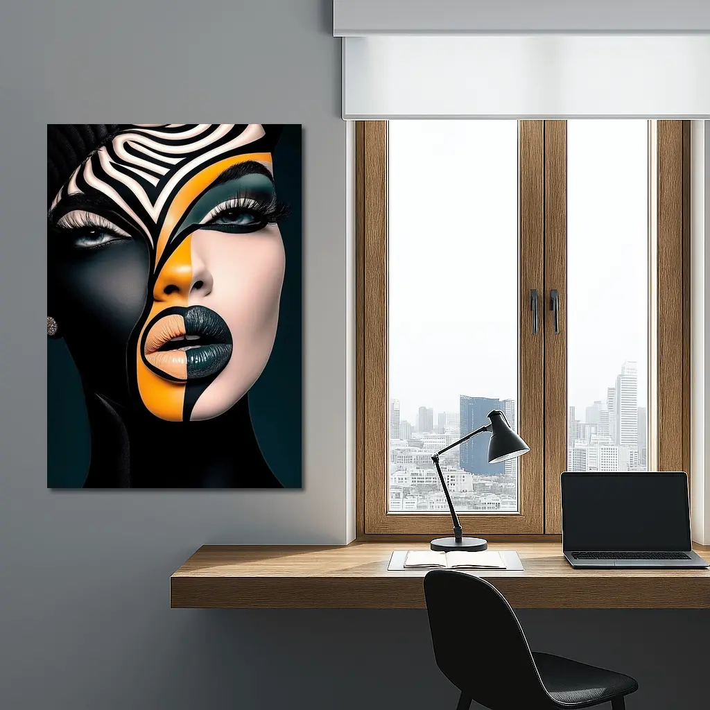 Bold Geometric Face Art Black Orange – Wall Art