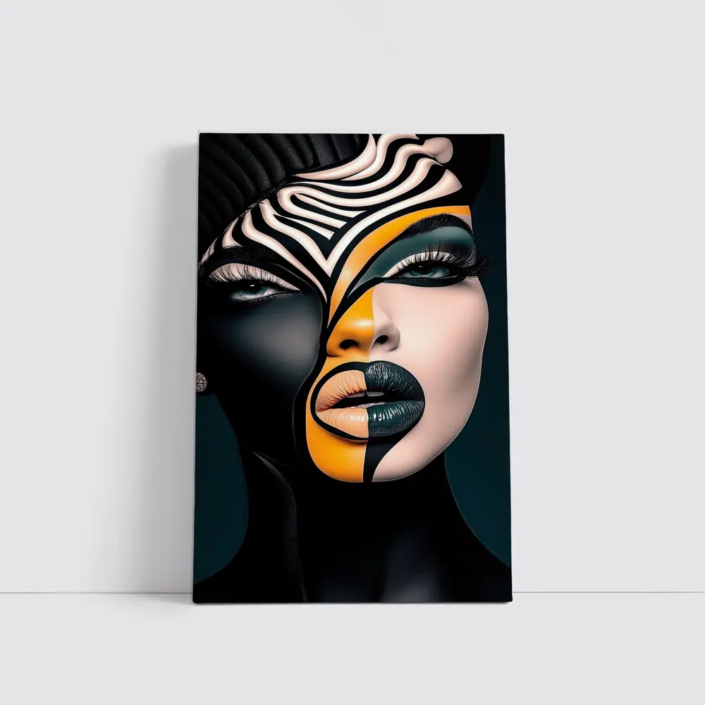 Bold Geometric Face Art Black Orange – Wall Art