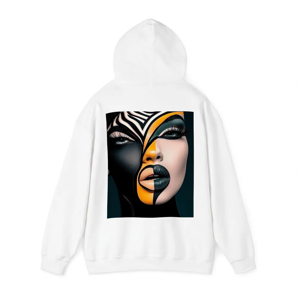 Bold Geometric Face Art Black Orange – Hoodies