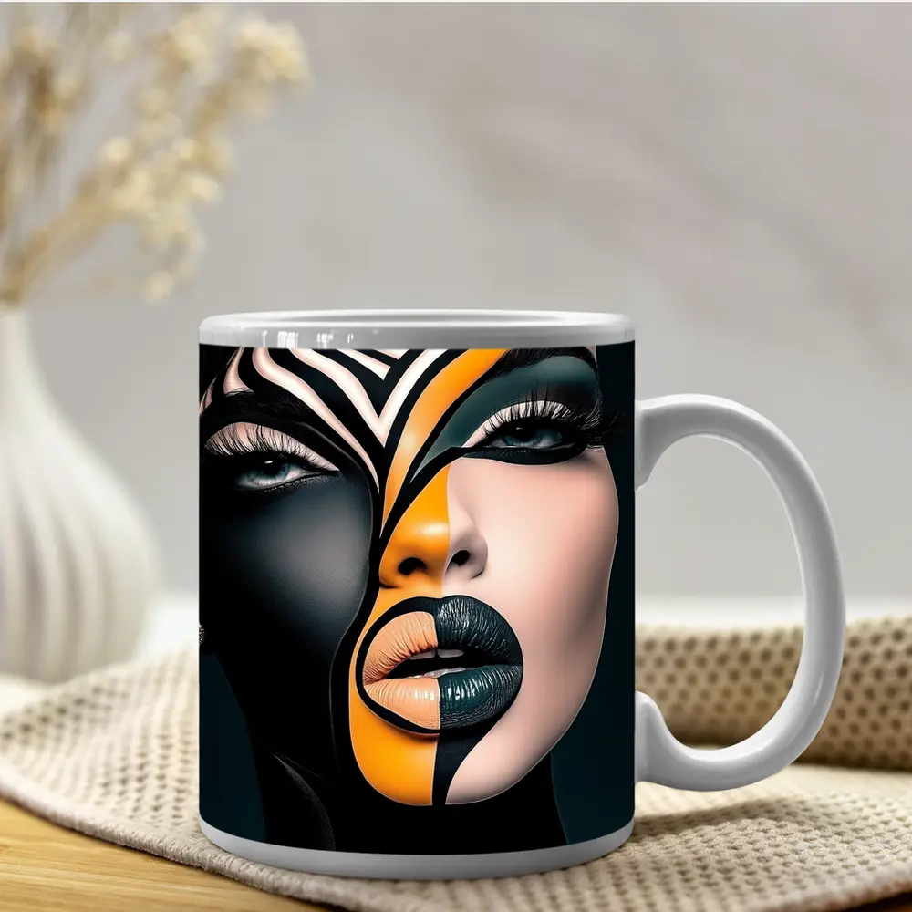 Bold Geometric Face Art Black Orange – Mugs