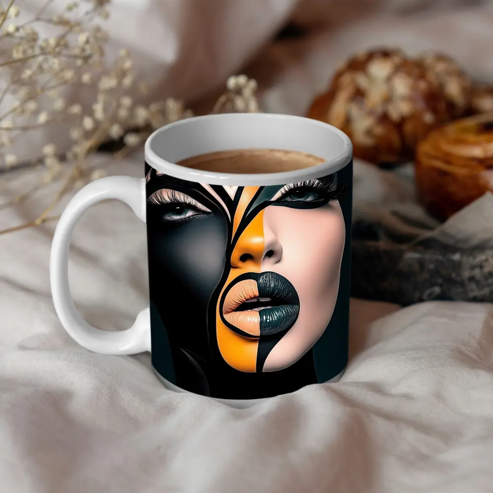 Bold Geometric Face Art Black Orange – Mugs