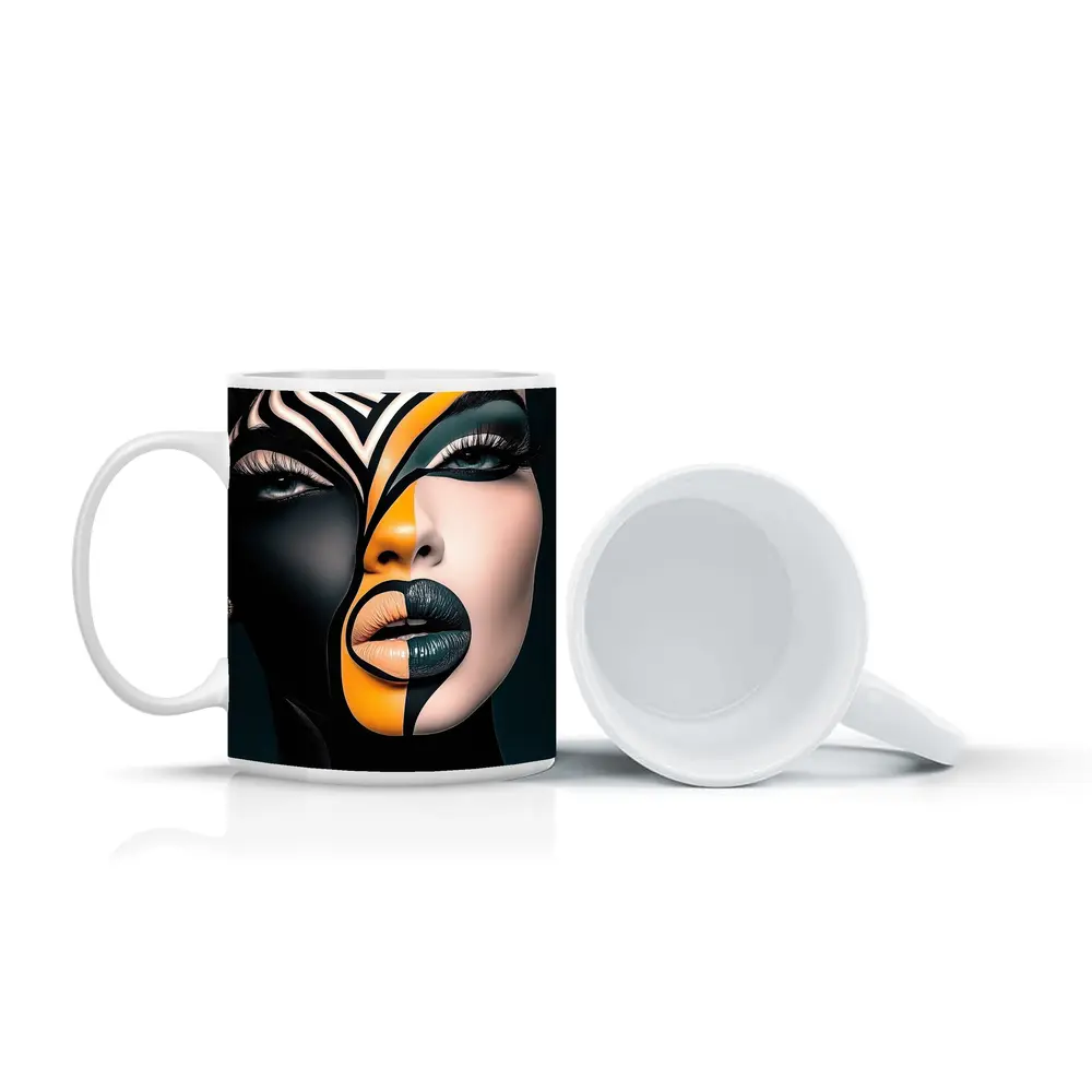 Bold Geometric Face Art Black Orange – Mugs