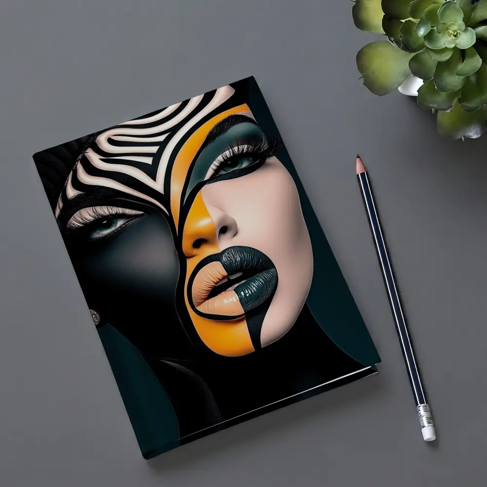 Bold Geometric Face Art Black Orange – Notebooks