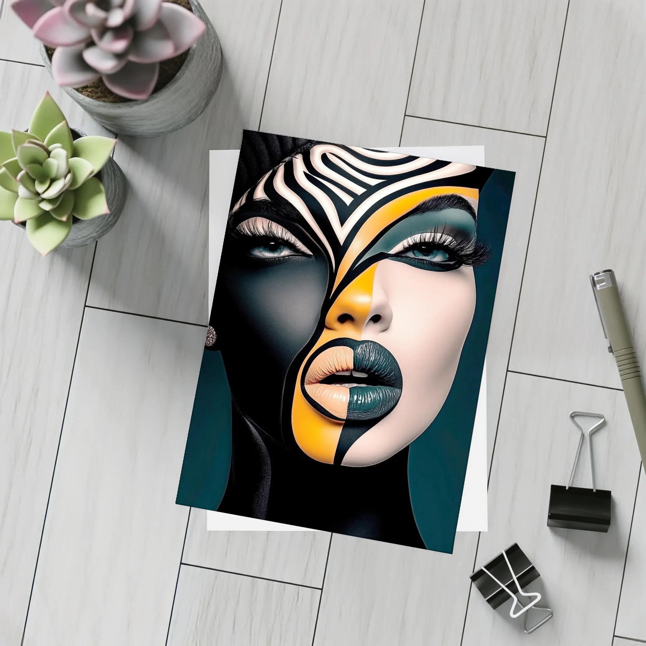Bold Geometric Face Art Black Orange – Postcards
