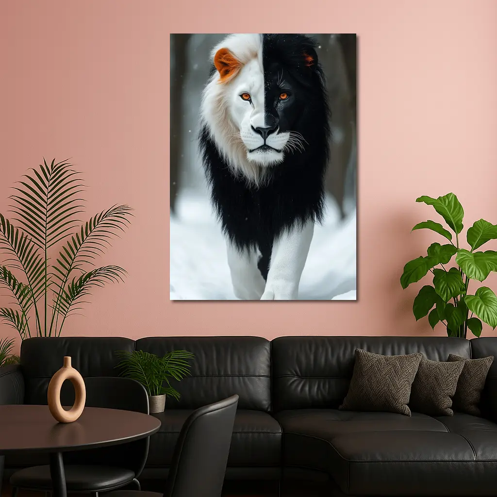 Half Black White Lion Walking In Snow – Wall Art