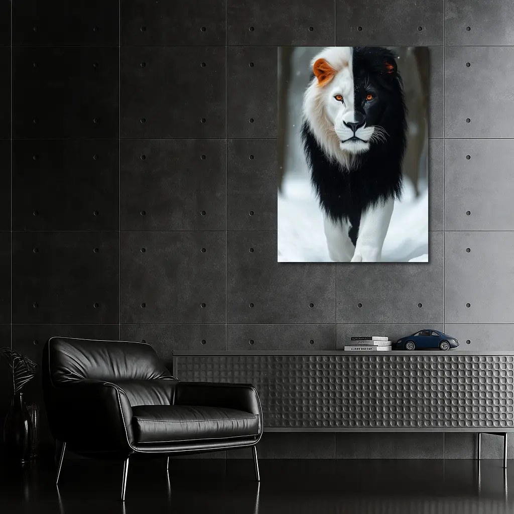 Half Black White Lion Walking In Snow – Wall Art