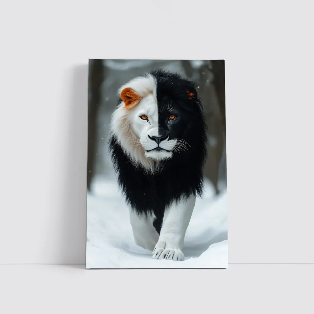 Half Black White Lion Walking In Snow – Wall Art