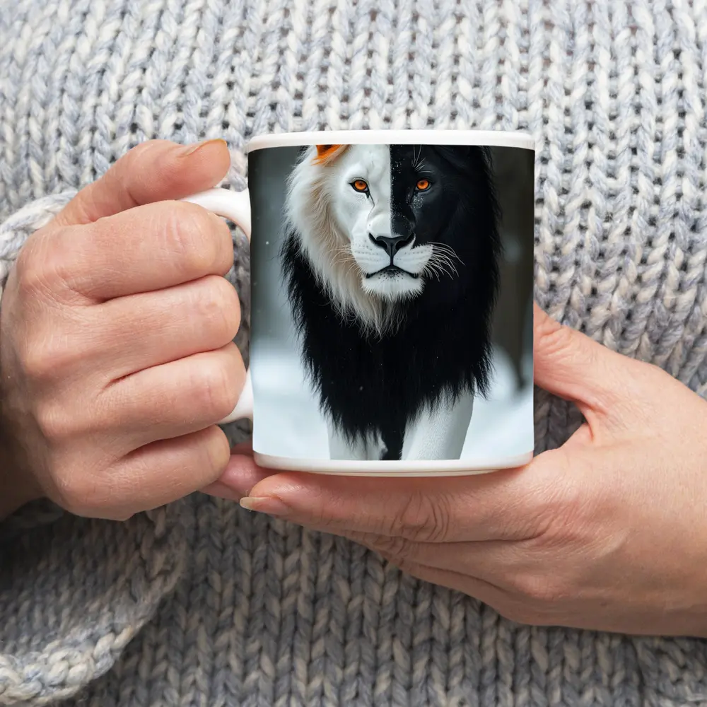 Half Black White Lion Walking In Snow – Mugs