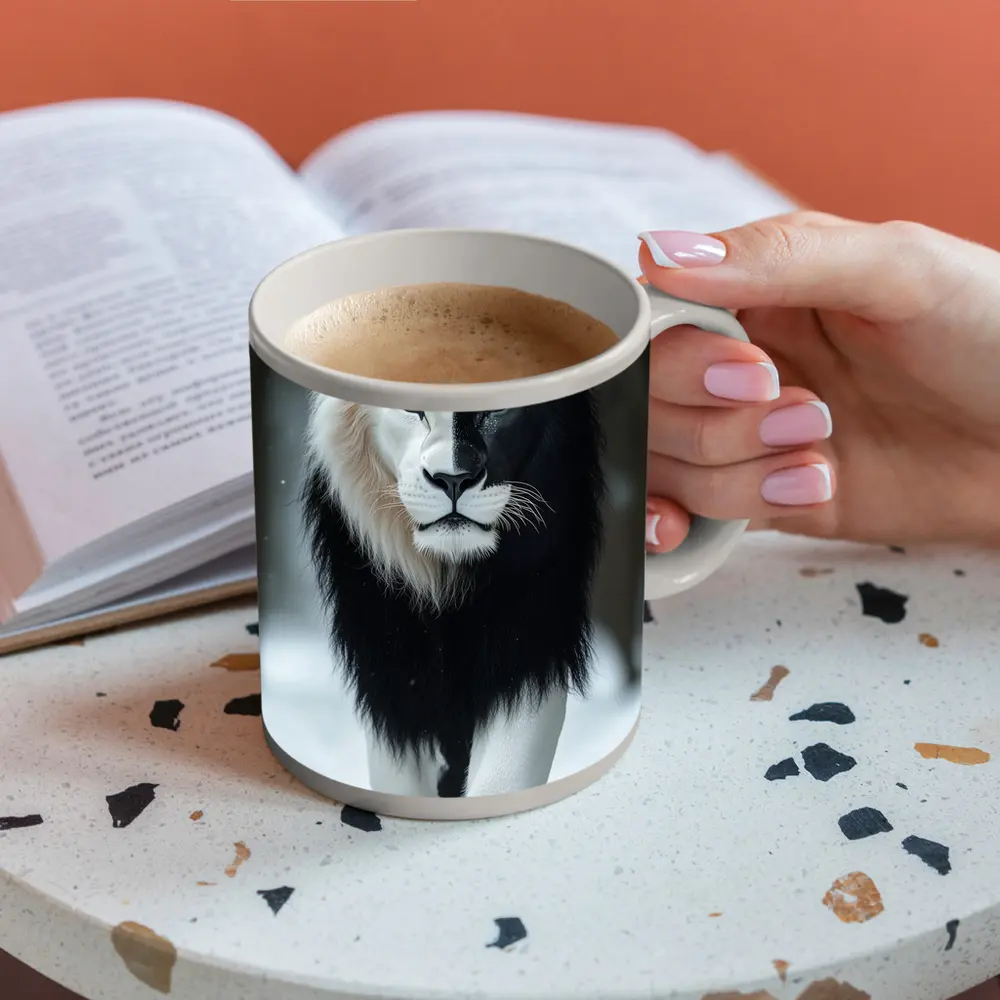 Half Black White Lion Walking In Snow – Mugs