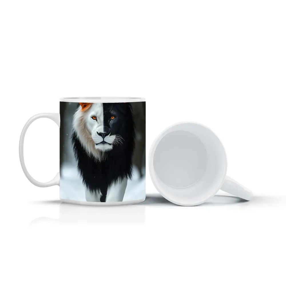 Half Black White Lion Walking In Snow – Mugs