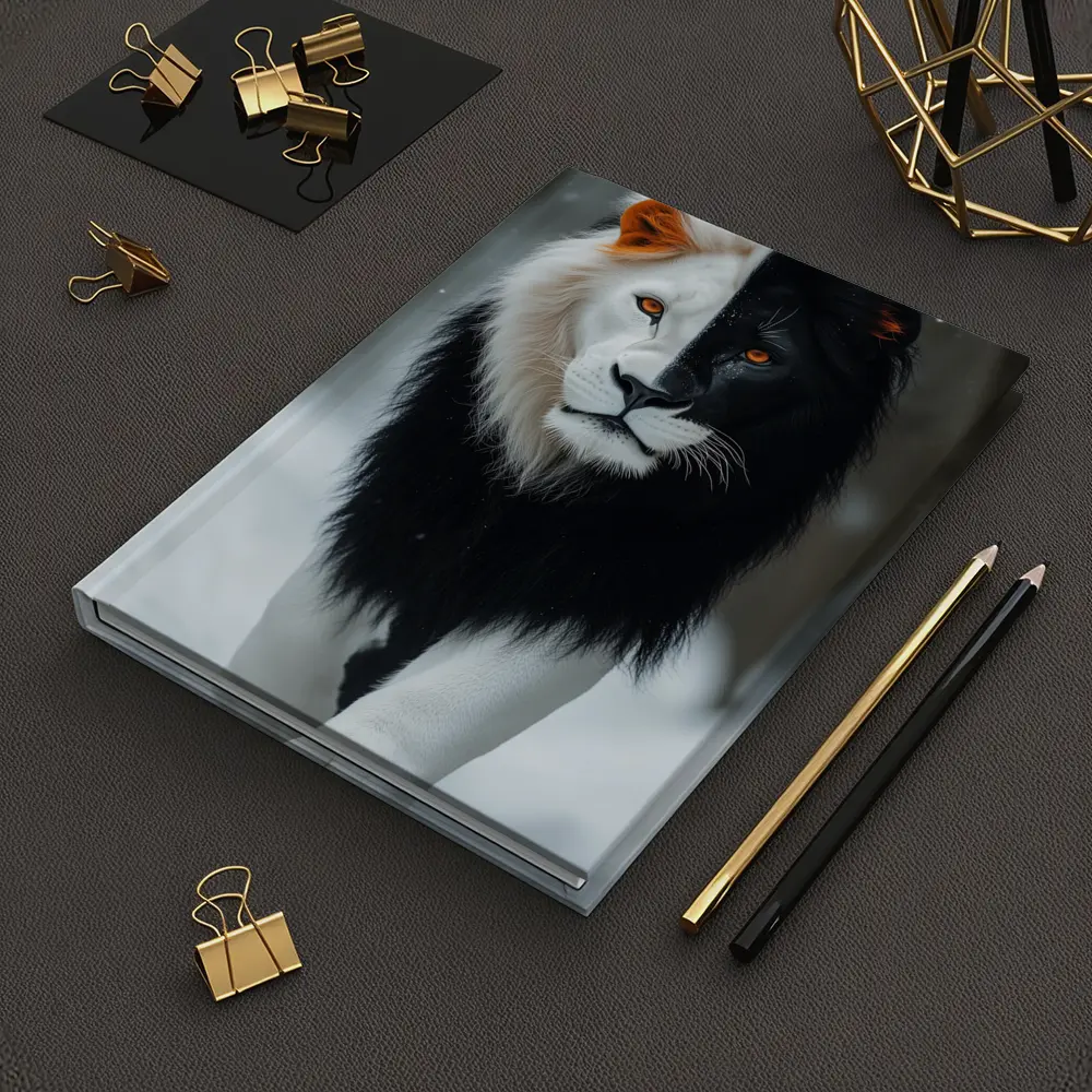 Half Black White Lion Walking In Snow – Notebooks