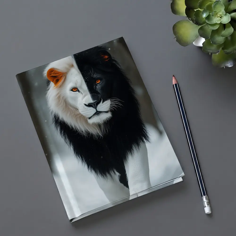 Half Black White Lion Walking In Snow – Notebooks