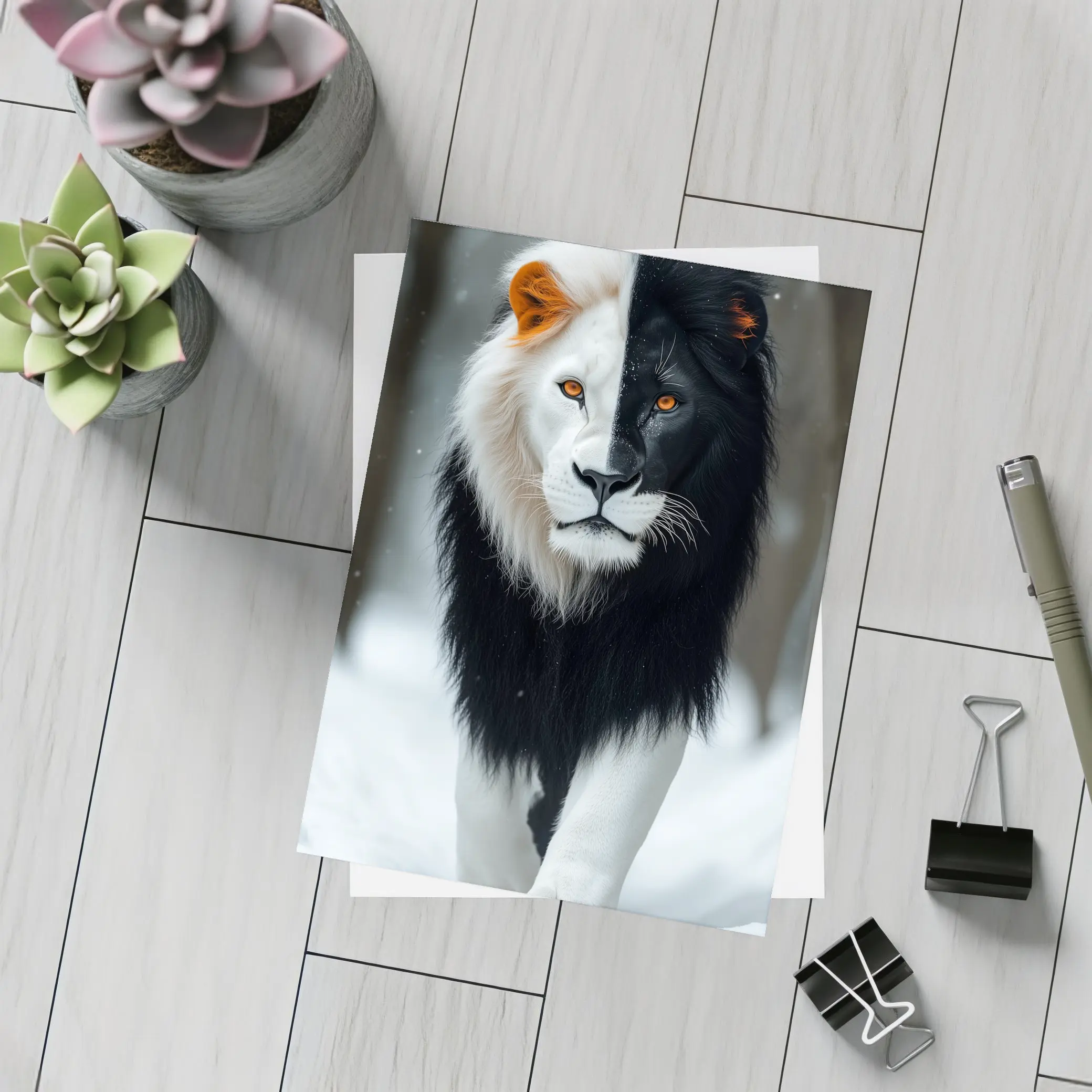 Half Black White Lion Walking In Snow – Postcards