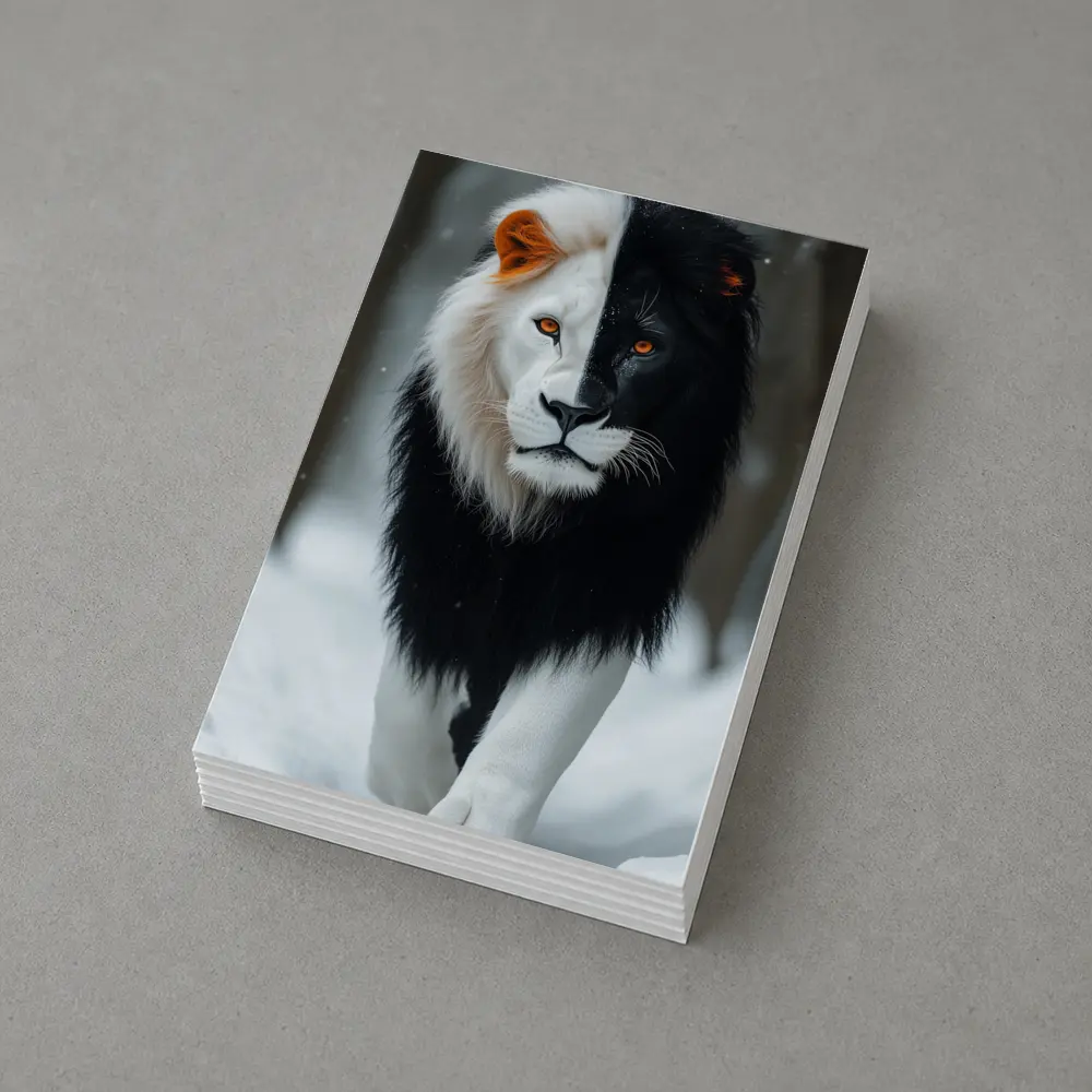 Half Black White Lion Walking In Snow – Postcards