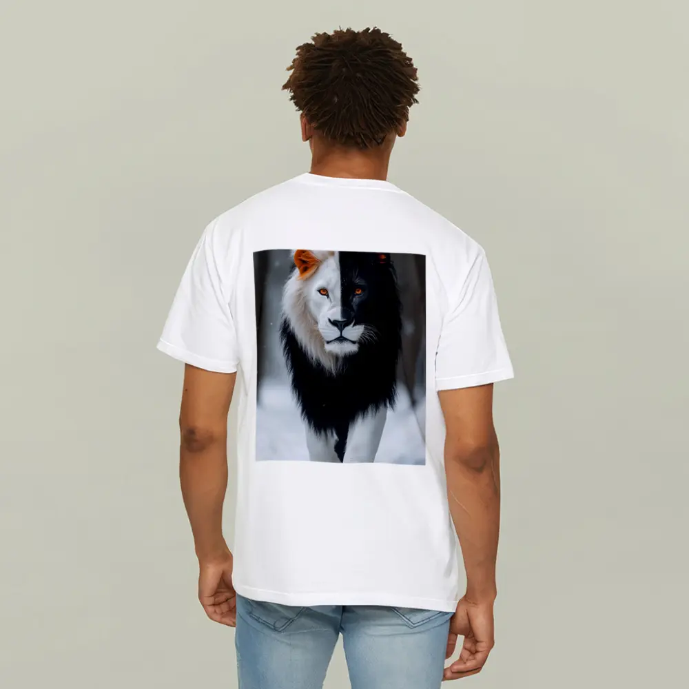 Half Black White Lion Walking In Snow – T-Shirts