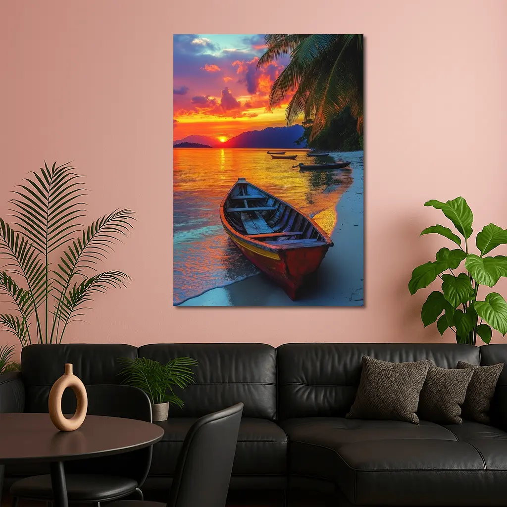 Wooden Boat Tropical Beach Sunset Palm Trees – Wall Art