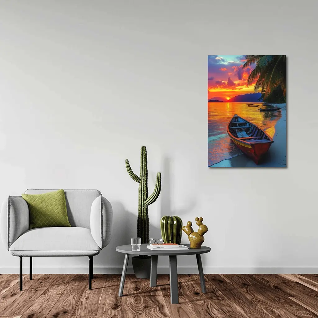 Wooden Boat Tropical Beach Sunset Palm Trees – Wall Art