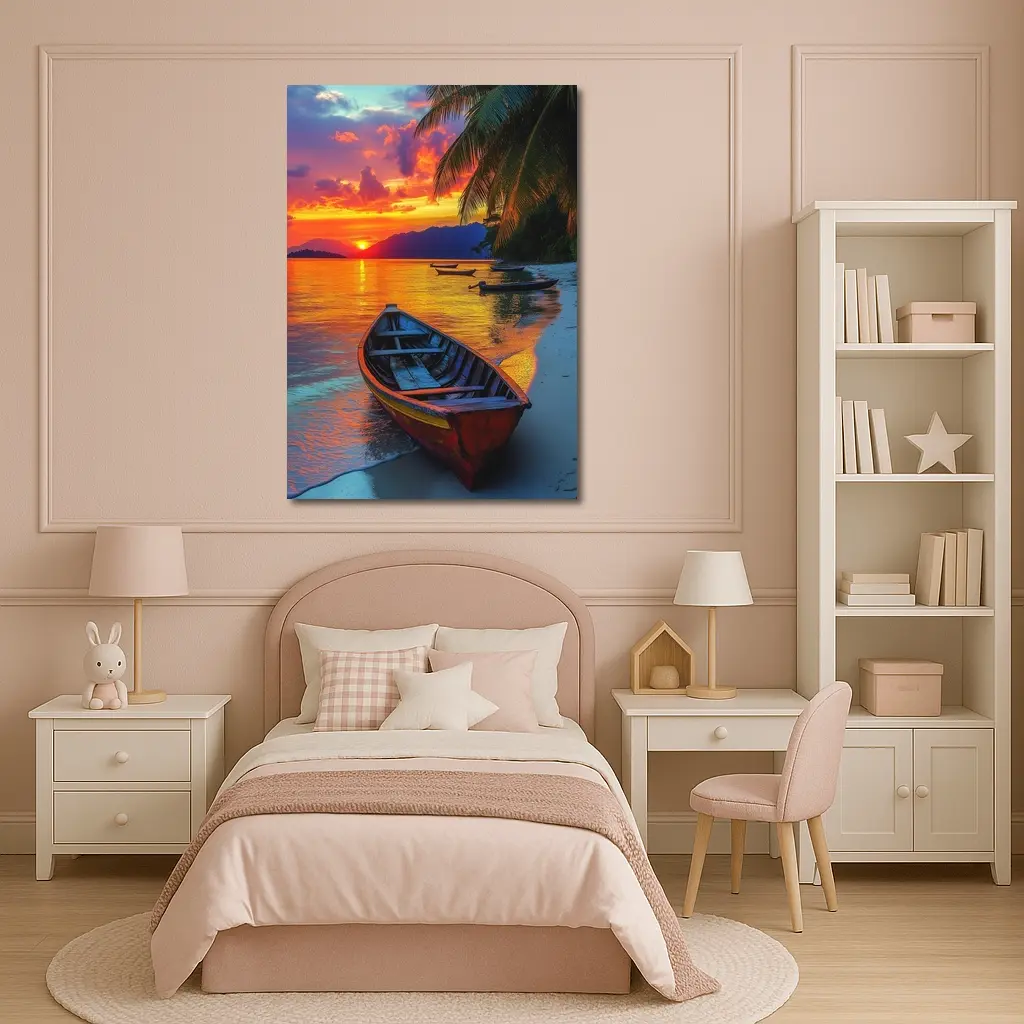Wooden Boat Tropical Beach Sunset Palm Trees – Wall Art