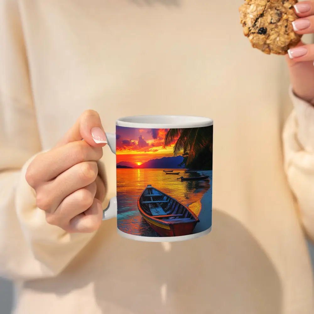 Wooden Boat Tropical Beach Sunset Palm Trees – Mugs