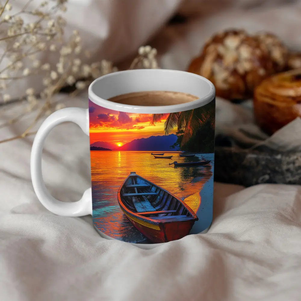 Wooden Boat Tropical Beach Sunset Palm Trees – Mugs