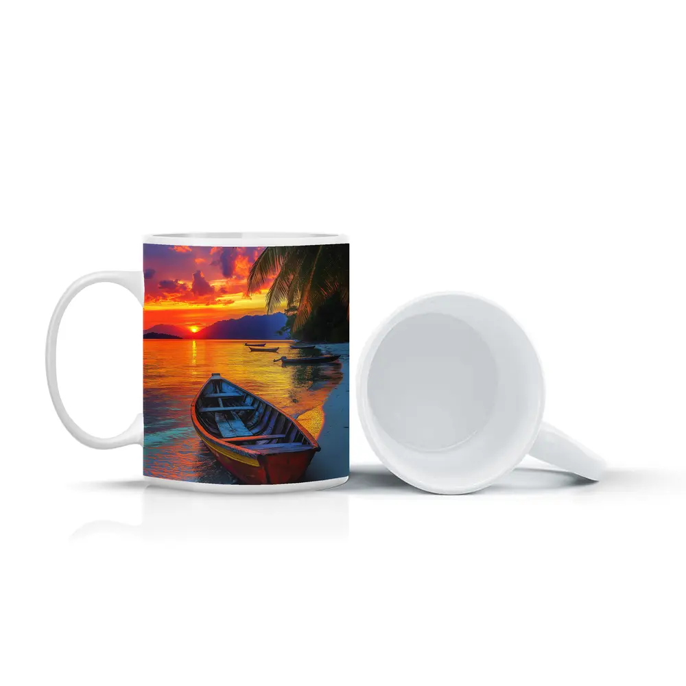 Wooden Boat Tropical Beach Sunset Palm Trees – Mugs