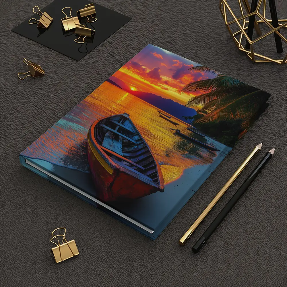 Wooden Boat Tropical Beach Sunset Palm Trees – Notebooks