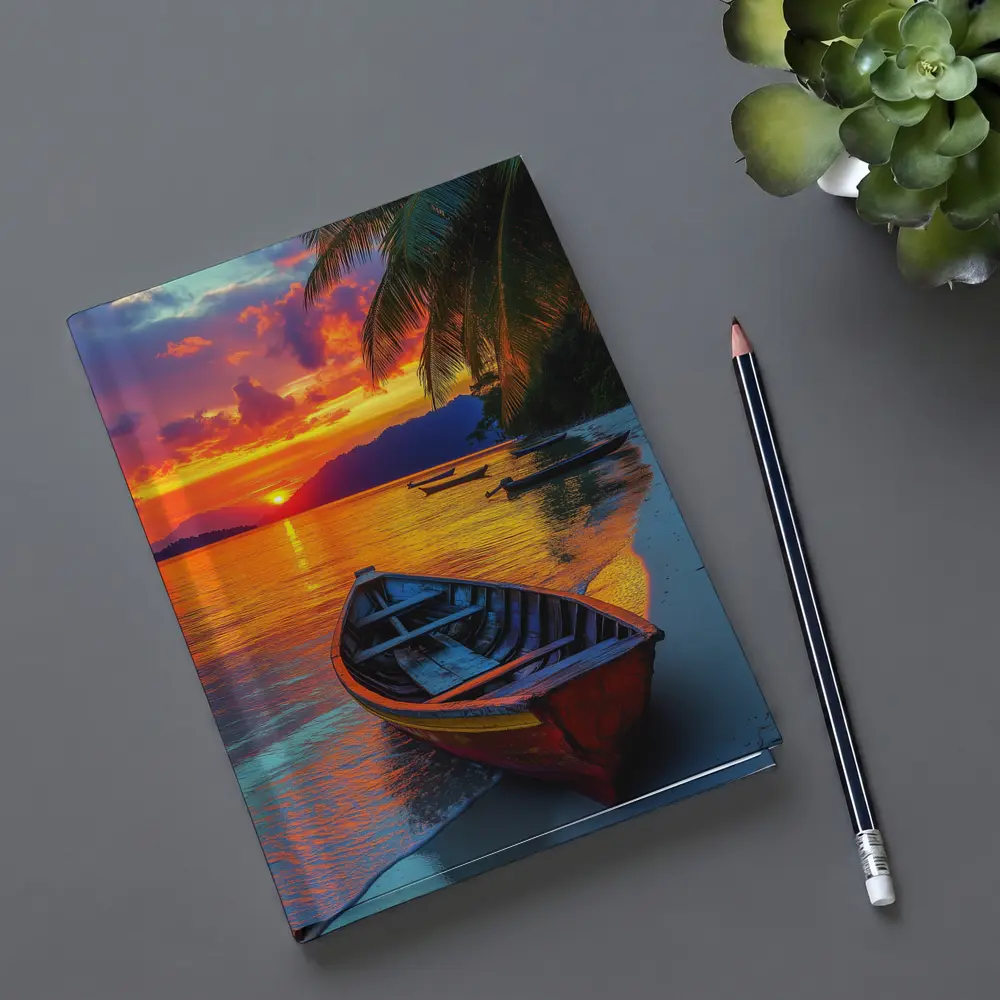 Wooden Boat Tropical Beach Sunset Palm Trees – Notebooks