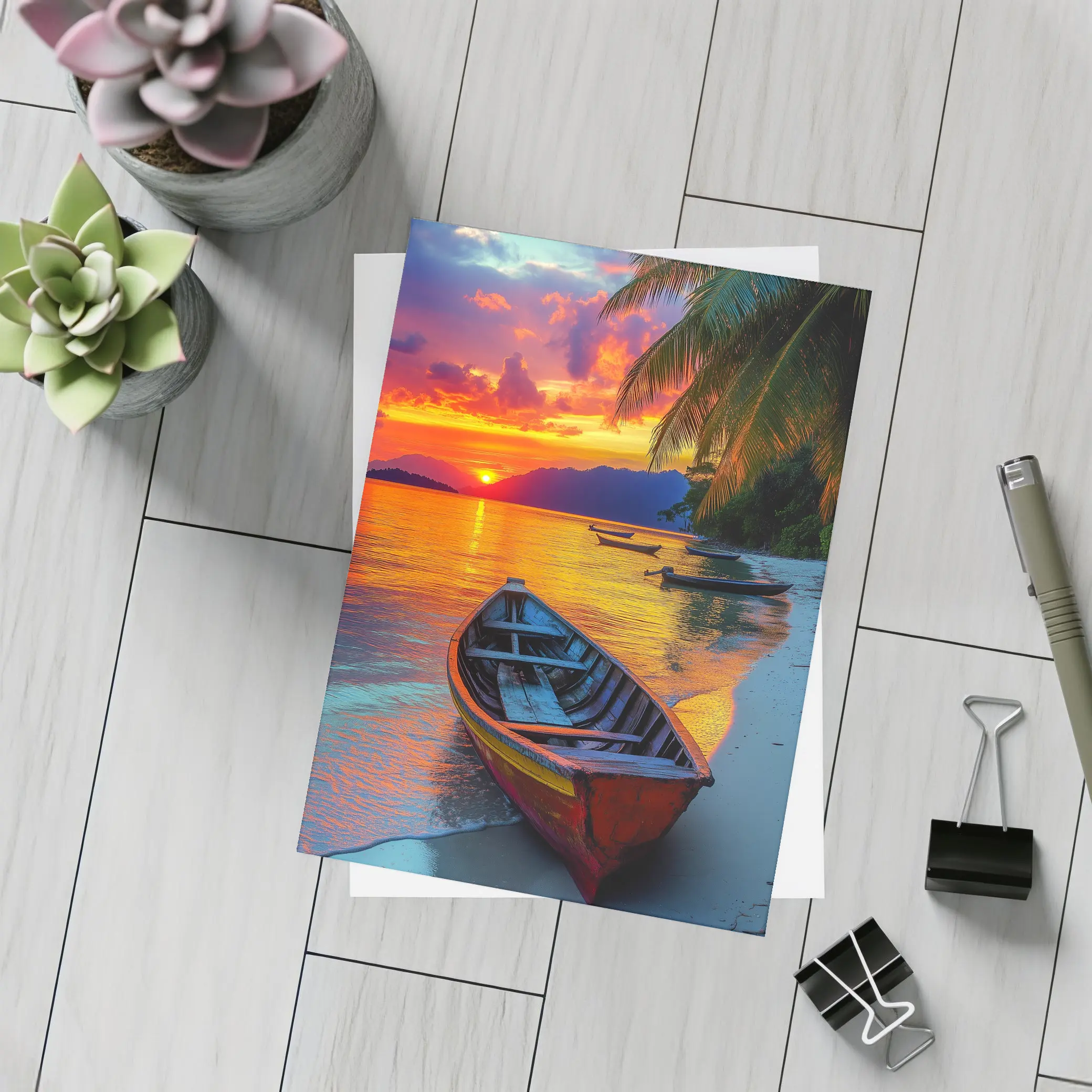 Wooden Boat Tropical Beach Sunset Palm Trees – Postcards