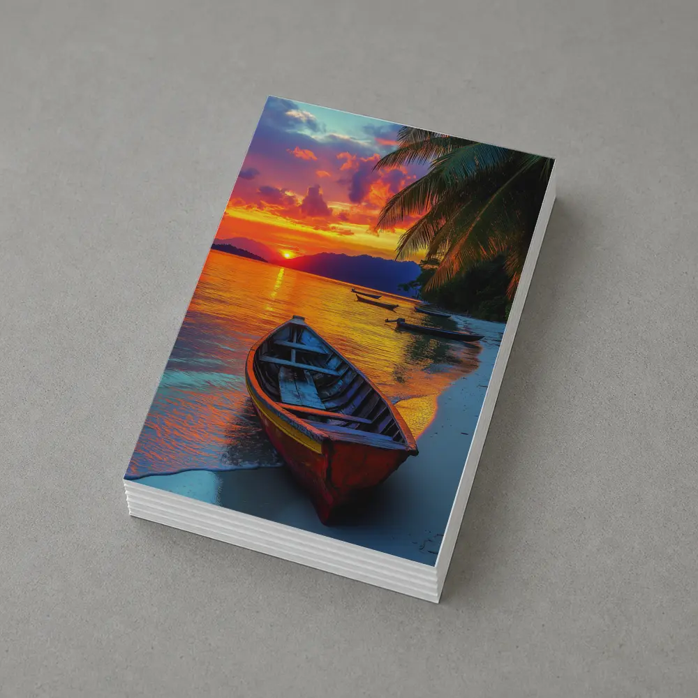 Wooden Boat Tropical Beach Sunset Palm Trees – Postcards